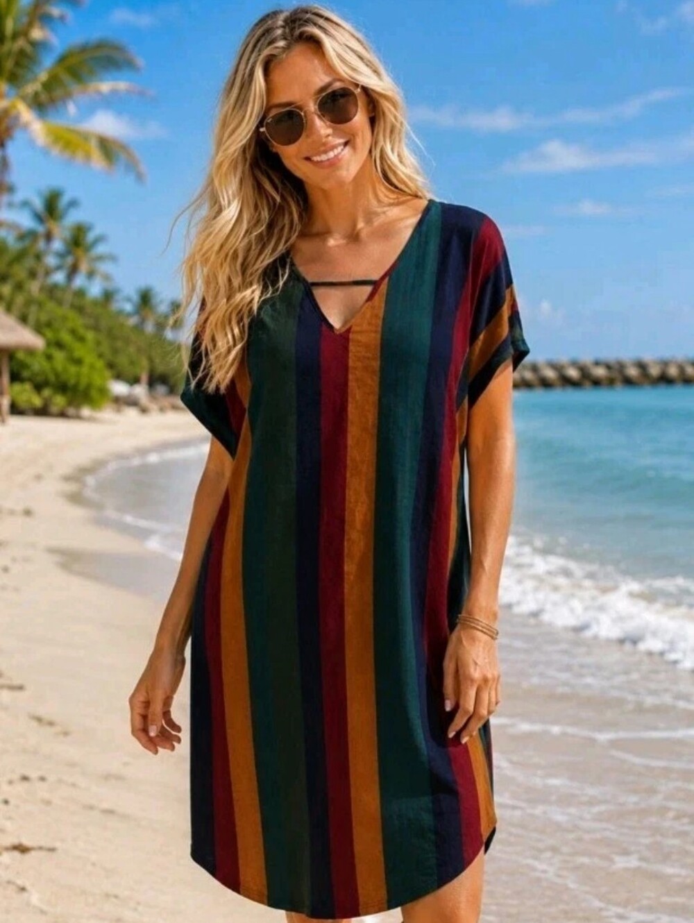 Emery Rose Striped Green Yellow Blue Keyhole Neck Shift Dress Womens Size 3XL